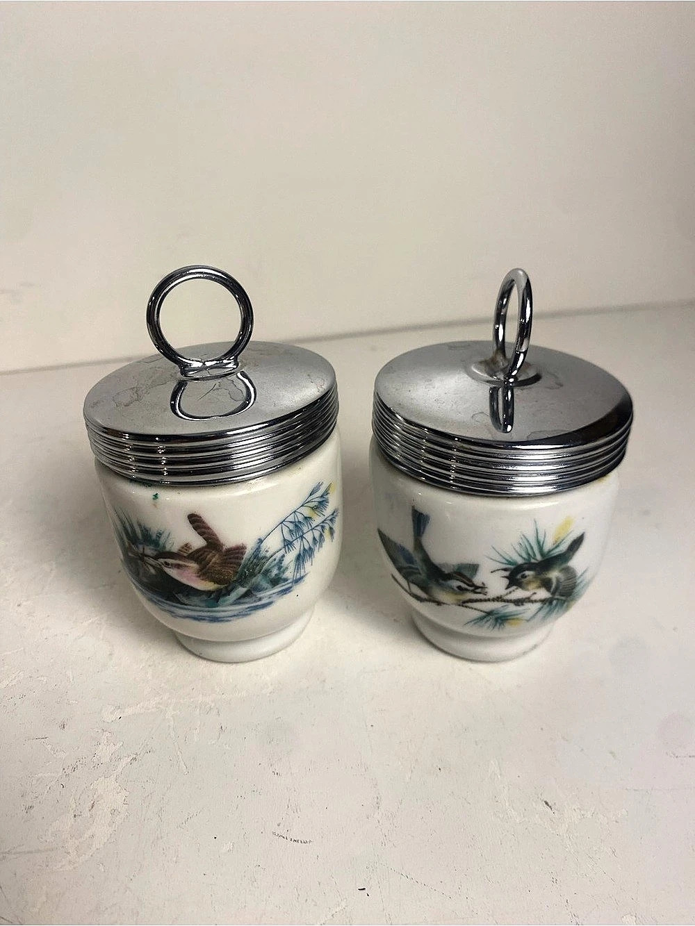 Royal Worcester Birds Egg Coddler Pair Silver-Tone Ribbed Lids 3.75” Height